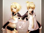  1girl belt blonde_hair blue_eyes brother_and_sister detached_sleeves headphones kagamine_len kagamine_rin microphone midriff navel necktie ponytail short_hair shorts siblings smile twins vocaloid yellow_neckwear yori_(shitsuon) 