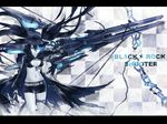  2d arm_cannon belt bikini_top black_hair black_rock_shooter black_rock_shooter_(character) blue_eyes burning_eye chain checkered denim denim_shorts energy_gun flat_chest front-tie_top gloves highres hood jacket katana letterboxed long_hair midriff pale_skin scar shorts solo star stitches sword torn_clothes twintails uneven_twintails very_long_hair wallpaper weapon zipper 
