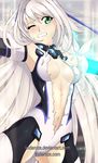  alina_pegova armpits bodysuit breasts cleavage detached_sleeves deviantart_username emilia_hermit green_eyes hundred long_hair medium_breasts navel one_eye_closed scar silver_hair solo torn_clothes 