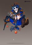  alternate_costume amputee artist_name blue_hair blue_lipstick blue_nails bomb boots chain dashiana facepaint fool_junkrat full_body gradient gradient_background grey_background hair_ornament hat highres jester jester_cap jumping junkrat_(overwatch) lipstick makeup male_focus mechanical_arm nail_polish one_eye_closed overwatch pale_skin pants peg_leg revision signature single_boot solo sparkle v_arms yellow_eyes 