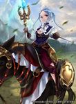  blue_eyes blue_hair breasts cleavage cleavage_cutout dagger fire_emblem fire_emblem_cipher fire_emblem_if flora_(fire_emblem_if) gloves holding holding_staff holding_weapon horse knife leaf long_hair looking_at_viewer maid_headdress official_art pisuke short_twintails small_breasts staff twintails weapon 