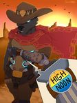  2016 ammo_belt anthro belt black_fur black_nose blue_eyes bullet canine cigar clothed clothing cowboy_hat cutaway detailed_background digital_media_(artwork) english_text front_view fur glowing glowing_eyes hat hi_res holster looking_down male mammal mccree_(overwatch) overwatch poncho portrait signature smoking solo spazzyhusky standing sun teeth text three-quarter_portrait video_games watch western wolf 