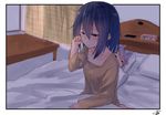  alarm_clock alternate_hairstyle animal_ears bangs bed_sheet bedroom blanket blue_hair clock collarbone commentary curtains digital_clock fox_ears hair_between_eyes indoors medium_hair messy_hair morning multiple_girls original pajamas pillow rubbing_eyes sitting sleeping suzunari_arare suzunari_shizuku table waking_up yuki_arare 