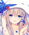  :d blonde_hair blue_eyes blue_feathers blue_flower blue_ribbon braid breasts cleavage commentary_request feathers flower gem hand_in_hair hat highres jewelry jyt lexington_(zhan_jian_shao_nyu) long_hair medium_breasts necklace open_mouth petals portrait ribbon ring smile solo teeth white_hat zhan_jian_shao_nyu 