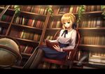  ahoge artoria_pendragon_(all) black_legwear blonde_hair blouse book book_stack bookshelf chair fate/stay_night fate_(series) globe green_eyes highres holding holding_book letterboxed library mallizmora pantyhose plant quill reading saber sitting skirt smile solo vines 