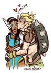  1girl black_hair blonde_hair blue_dress cyborg dark_skin dirty dress earrings forehead_jewel grace_allison headgear hetero hug interracial jewelry junkrat_(overwatch) kiss lips lipstick long_hair makeup mechanical_arm overwatch smile spiked_hair spikes symmetra_(overwatch) visor wheel 