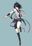  ahoge bad_id bad_pixiv_id bandaged_arm bandaged_leg bandages black_hair blue_eyes hair_over_one_eye kako_(kantai_collection) kantai_collection leg_up looking_at_viewer lu_(nh054021) midriff navel no_legwear pleated_skirt ponytail remodel_(kantai_collection) sailor_collar school_uniform serafuku short_hair simple_background skirt solo 