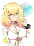  blazblue blonde_hair breasts glasses green_eyes hand_in_hair large_breasts medium_hair round_eyewear smile trinity_glassfield uzukinoko white_background 