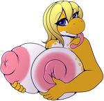  2016 alpha_channel amber_(anjuneko) anthro areola big_breasts blonde_hair blue_eyes breasts dinosaur female hair hi_res holding_breast huge_breasts hyper hyper_breasts long_hair long_tongue looking_at_viewer mario_bros napalm_(artist) nintendo nipples simple_background solo tongue tongue_out transparent_background video_games yoshi 