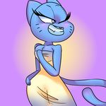  anthro blue_fur blush breasts cartoon_network cat cleavage clothed clothing dress feline female flutteringpie fur mammal mature_female mother nicole_watterson one_eye_closed parent pink_nose smile solo teeth the_amazing_world_of_gumball wink yellow_dress 