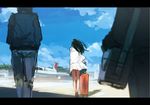  aircraft airplane bag black_hair blue_sky brown_legwear cloud coat day denim from_behind handbag highres inami_hatoko jeans jet legs_together letterboxed long_hair long_sleeves luggage original outdoors pants rolling_suitcase sailor_collar scenery school_uniform serafuku shirt skirt sky solo_focus standing suitcase white_shirt white_skirt wind wind_lift 