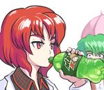  bottle brand_name_imitation constricted_pupils drinking eyebrows green_hair horikawa_raiko kazami_yuuka long_sleeves looking_at_another moriya_suwako mountain_dew multiple_girls parasol photo-referenced plaid plaid_vest portrait profitshame red_eyes red_hair red_vest short_hair simple_background soda soda_bottle thick_eyebrows touhou umbrella vest white_background white_coat 