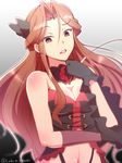  black_gloves breasts brown_eyes brown_hair cleavage collar eyebrows eyebrows_visible_through_hair gloves hair_between_eyes idolmaster idolmaster_cinderella_girls long_hair looking_at_viewer medium_breasts midriff navel ookami_maito signature solo upper_body zaizen_tokiko 