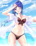  arm_up bikini black_bikini blue_hair blue_sky blush breasts cleavage clenched_hand cloud cowboy_shot day dress_shirt front-tie_bikini front-tie_top gorua_(youce01) hand_on_own_forehead large_breasts long_hair looking_at_viewer love_live! love_live!_sunshine!! matsuura_kanan md5_mismatch navel ocean one_eye_closed open_mouth outdoors ponytail purple_eyes revision see-through shirt short_sleeves sky smile solo standing swimsuit water wet wet_clothes wet_shirt white_shirt 