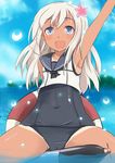  1girl armpit blush cameltoe child eyebrows flower hair_ornament long_hair looking_at_viewer one-piece_swimsuit open_mouth outdoors ro-500_(kantai_collection) solo swimsuit tan tanline watarurikka water 