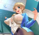  areolae blonde_hair bra breasts classroom covered_nipples ellen_baker english from_below green_eyes huge_breasts indoors large_areolae long_hair new_horizon pointy_breasts puffy_nipples red-p see-through shelf_bra solo teacher underwear 