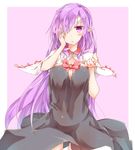  bandage_over_one_eye bandages black_dress blush breasts covered_navel dress fingernails hand_on_own_face large_breasts long_fingernails long_hair looking_at_viewer open_mouth original pointy_ears purple_eyes purple_hair rinrin_(927413) solo 