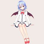  absurdres arm_garter bat_wings beige_background blue_hair bow bowtie choker frilled_choker frilled_shirt_collar frilled_skirt frilled_sleeves frills full_body hair_between_eyes highres junior27016 long_sleeves looking_at_viewer mary_janes no_socks pointy_ears red_bow red_eyes red_footwear red_neckwear remilia_scarlet shirt shoes short_hair simple_background sitting skirt smile solo touhou white_shirt white_skirt wings 