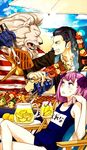  2boys bow fate/grand_order fate_(series) food fruit furry helena_blavatsky_(fate/grand_order) hoshino_lily lemon lemonade lion meat_wars multiple_boys nikola_tesla_(fate/grand_order) official_art one-piece_swimsuit pink_hair school_swimsuit steak swimsuit thomas_edison_(fate/grand_order) 