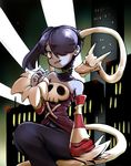  1girl bare_shoulders blue_skin city detached_collar detached_sleeves dress hair_over_one_eye leviathan_(skullgirls) purple_hair red_eyes short_hair side_ponytail skullgirls solo squigly_(skullgirls) stitched_mouth stitches striped_sleeves zombie 