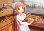  :d apron bakery bangs basket blush bow bread brown_hair collared_shirt commentary_request day eyebrows_visible_through_hair food frilled_skirt frills head_scarf holding holding_basket indoors juliet_sleeves loaf_of_bread long_sleeves looking_at_viewer masaki_mao open_mouth original pink_bow puffy_sleeves red_eyes sailor_collar sailor_shirt shirt shop short_hair skirt slice_of_bread smile solo standing suspender_skirt suspenders white_shirt white_skirt window 