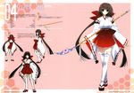  absurdres brown_hair character_sheet concept_art crossed_legs highres holding holding_weapon japanese_clothes kumon_waka long_hair looking_at_viewer miko multiple_views naginata non-web_source open_mouth phantom_breaker polearm sandals simple_background standing suzuhira_hiro thighhighs very_long_hair watson_cross weapon white_legwear wide_sleeves 