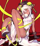  baozi bare_shoulders bikini china_dress chinese_clothes dark_skin dress food gloves guilty_gear guilty_gear_xrd hair_bun mouth_hold one_eye_closed oro_(sumakaita) ramlethal_valentine side-tie_bikini solo swimsuit white_hair 