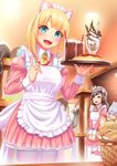  :d animal animal_on_head apron bad_id bad_pixiv_id bangs blonde_hair blue_eyes blue_hair blunt_bangs blush brown_eyes brown_hair cat cat_on_head closed_eyes drink drinking_straw food frills highres ice_cream looking_at_viewer looking_up maid maid_cafe moe2016 multiple_girls notori_d omurice on_head open_mouth pantyhose scratching smile solo_focus thighhighs tray v_arms white_legwear 