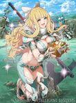  armor axe bikini_armor blonde_hair blue_eyes bow breasts charlotte_(fire_emblem_if) cleavage daigoman death fire_emblem fire_emblem_cipher fire_emblem_if grass hair_bow impaled katana large_breasts long_hair official_art open_mouth samurai smile solo sparkle sword thighs vambraces very_long_hair weapon white_bow 