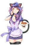  animal_ears apron bell bell_collar bracelet cat_ears cat_tail collar cookie dakun eugene_(soccer_spirits) food hand_on_own_cheek highres jewelry long_hair looking_at_viewer parted_lips plate purple_hair smile soccer_spirits solo spiked_bracelet spikes standing tail transparent_background yellow_eyes 