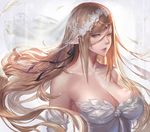  bare_shoulders blonde_hair breasts bridal_veil bride cleavage detached_sleeves dress gtunver hair_ribbon half-closed_eyes kiss-shot_acerola-orion_heart-under-blade large_breasts long_hair md5_mismatch monogatari_(series) pointy_ears ribbon solo veil wedding_dress white_feathers yellow_eyes 