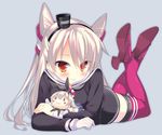  :3 amatsukaze_(kantai_collection) bangs black_dress blush blush_stickers breasts character_doll doll dress eyebrows eyebrows_visible_through_hair full_body gloves grey_neckwear hair_over_one_eye hair_tubes kantai_collection legs_up lifebuoy long_hair long_sleeves looking_at_viewer lying medium_breasts neckerchief on_stomach pikazo pink_legwear red_eyes rudder_shoes sailor_dress shimakaze_(kantai_collection) short_dress silver_hair simple_background single_glove smile solo striped thighhighs two_side_up white_gloves windsock 