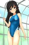  arena_(company) black_eyes black_hair blue_swimsuit competition_swimsuit day girls_und_panzer highres indoors isuzu_hana long_hair one-piece_swimsuit solo standing swimsuit takafumi 