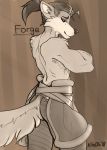  2018 anthro biped canine clothed clothing english_text fan_character forge_(hunterx90) fur hair keidran ketos looking_at_viewer male mammal simple_background solo standing text topless twokinds wolf 