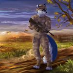  2016 anthro black_nose blue_fur camo canine clothed clothing day detailed_background digitigrade fingers fur gun holding_object holding_weapon ketty-leopardess mammal outside ranged_weapon solo standing toes weapon white_fur wolf 