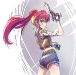  black_lagoon cigarette cosplay fingerless_gloves gloves green_eyes gun handgun headdress highres holster iesupa long_hair pistol ponytail pyrrha_nikos red_hair revy_(black_lagoon) revy_(black_lagoon)_(cosplay) rwby seiyuu_connection short_shorts shorts shoulder_holster solo tank_top tattoo toyoguchi_megumi weapon 