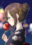  ahoge alternate_hairstyle blue_eyes blurry bokeh brown_hair candy_apple depth_of_field food from_side hair_bun hair_ornament hairclip japanese_clothes joujou kantai_collection kimono profile shigure_(kantai_collection) short_hair solo yukata 