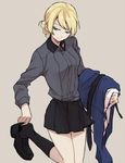  alternate_costume black_skirt blonde_hair darjeeling girls_und_panzer grey_background kuromorimine_school_uniform necktie partially_undressed ree_(re-19) skirt solo standing standing_on_one_leg 