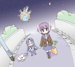  2girls achakura artist_request blue_hair hand_holding headphones kimidori-san long_hair moon multiple_girls nagato_yuki night planet purple_hair school_uniform short_hair skirt sky suzumiya_haruhi-chan_no_yuuutsu suzumiya_haruhi_no_yuuutsu uniform 