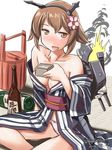  2016 alternate_costume alternate_eye_color bare_legs bare_shoulders blush bottle breasts brown_eyes brown_hair cannon check_commentary cleavage collarbone commentary_request dated explosion eyebrows eyebrows_visible_through_hair floral_print flower hair_between_eyes hair_flower hair_ornament japanese_clothes kantai_collection kimono masu medium_breasts mutsu_(kantai_collection) no_nose obi open_clothes open_kimono open_mouth panties rigging sake_bottle sash short_hair signature solo tatsumi_ray turret twitter_username underwear white_background white_panties yukata 
