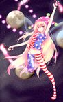  adapted_costume american_flag_dress american_flag_legwear arm_up armpits bare_shoulders blonde_hair breasts closed_mouth clownpiece commentary_request covered_nipples crop_top danmaku earth fairy_wings frilled_shirt_collar frills full_body groin hat highres jester_cap long_hair looking_at_viewer medium_breasts midriff moon navel no_panties pantyhose pink_eyes polka_dot print_legwear sakusyo shirt sleeveless sleeveless_shirt smile solo space star star_(sky) star_print stomach striped striped_legwear torch touhou very_long_hair wings 