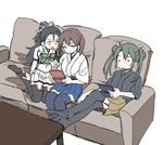  asymmetrical_gloves black_hair black_legwear brown_hair camouflage commentary_request couch elbow_gloves feet_on_table fingerless_gloves game_console gloves green_hair hair_ribbon hakama_skirt handheld_game_console highres japanese_clothes kaga_(kantai_collection) kantai_collection katsuragi_(kantai_collection) long_hair midriff multiple_girls playing_games pleated_skirt pointing ponytail remodel_(kantai_collection) ribbon sanpachishiki_(gyokusai-jima) side_ponytail sitting skirt smile sweatdrop table thighhighs twintails white_ribbon zuikaku_(kantai_collection) 