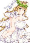  ass bare_back bare_shoulders blonde_hair blush bow butt_crack closed_mouth collar detached_sleeves embarrassed fate/extra fate/extra_ccc fate_(series) from_behind green_eyes hair_between_eyes head_wreath long_sleeves looking_at_viewer nero_claudius_(bride)_(fate) nero_claudius_(fate)_(all) short_hair sitting thighhighs veil wariza white_bow white_legwear white_sleeves yuzu-aki 