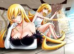  bakemonogatari bare_shoulders blonde_hair breasts chin_rest cleavage collarbone crossed_legs doughnut dress dual_persona elbow_gloves food gloves huge_breasts kiss-shot_acerola-orion_heart-under-blade long_hair long_legs looking_at_viewer lying monogatari_(series) mouth_hold multiple_girls on_stomach oshino_shinobu revision sandals sitting the_pose yellow_eyes yuki_mizore 