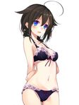  ahoge arms_behind_back black_bra black_panties blue_eyes blush bow bow_bra bow_panties bra breasts brown_hair collarbone cowboy_shot hair_between_eyes hair_flaps kantai_collection lace lace-trimmed_bra lace-trimmed_panties lingerie long_hair looking_at_viewer medium_breasts navel open_mouth panties red_bow remodel_(kantai_collection) shigure_(kantai_collection) shirokitsune simple_background smile solo standing underwear underwear_only white_background 