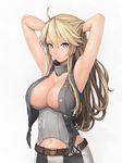  adapted_costume armpits arms_behind_head belt blonde_hair blue_eyes breasts cleavage detached_collar garter_straps highres iowa_(kantai_collection) kantai_collection large_breasts long_hair looking_at_viewer navel siesta_(artist) simple_background solo star star-shaped_pupils symbol-shaped_pupils 