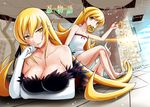  bakemonogatari bare_shoulders blonde_hair breasts chin_rest cleavage collarbone copyright_name crossed_legs doughnut dress dual_persona elbow_gloves food gloves huge_breasts kiss-shot_acerola-orion_heart-under-blade long_hair long_legs looking_at_viewer lying mister_donut monogatari_(series) mouth_hold multiple_girls on_stomach oshino_shinobu sandals sitting yellow_eyes yuki_mizore 