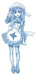  aoki_hagane_no_arpeggio apron bbb_(friskuser) blue commentary_request dress fangs frilled_apron frilled_dress frills hat highres long_hair long_sleeves looking_at_viewer maid maid_apron mob_cap monochrome open_mouth pantyhose salute simple_background sketch solo translation_request vampire_(aoki_hagane_no_arpeggio) white_background 