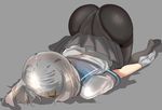  1girl ass black_legwear black_skirt dead face_down hairclip hamakaze_(kantai_collection) highres hizagawa_rau huge_ass kantai_collection microskirt no_shoes panties panties_under_pantyhose pantyhose pleated_skirt shadow shiny shiny_clothes short_hair silver_hair skirt skirt_flip soles solo thighband_pantyhose top-down_bottom-up underwear 
