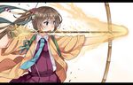  aqua_neckwear archery arrow bangs blue_eyes bow_(weapon) brown_hair cosplay costume_combination drawing_bow dress electricity fire hachimaki hair_between_eyes hair_ribbon headband hiryuu_(kantai_collection) hiryuu_(kantai_collection)_(cosplay) holding holding_weapon kantai_collection kazagumo_(kantai_collection) kusano_(torisukerabasu) letterboxed long_hair looking_to_the_side necktie open_mouth pleated_dress ponytail ribbon school_uniform shirt sleeveless sleeveless_dress solo weapon white_shirt 